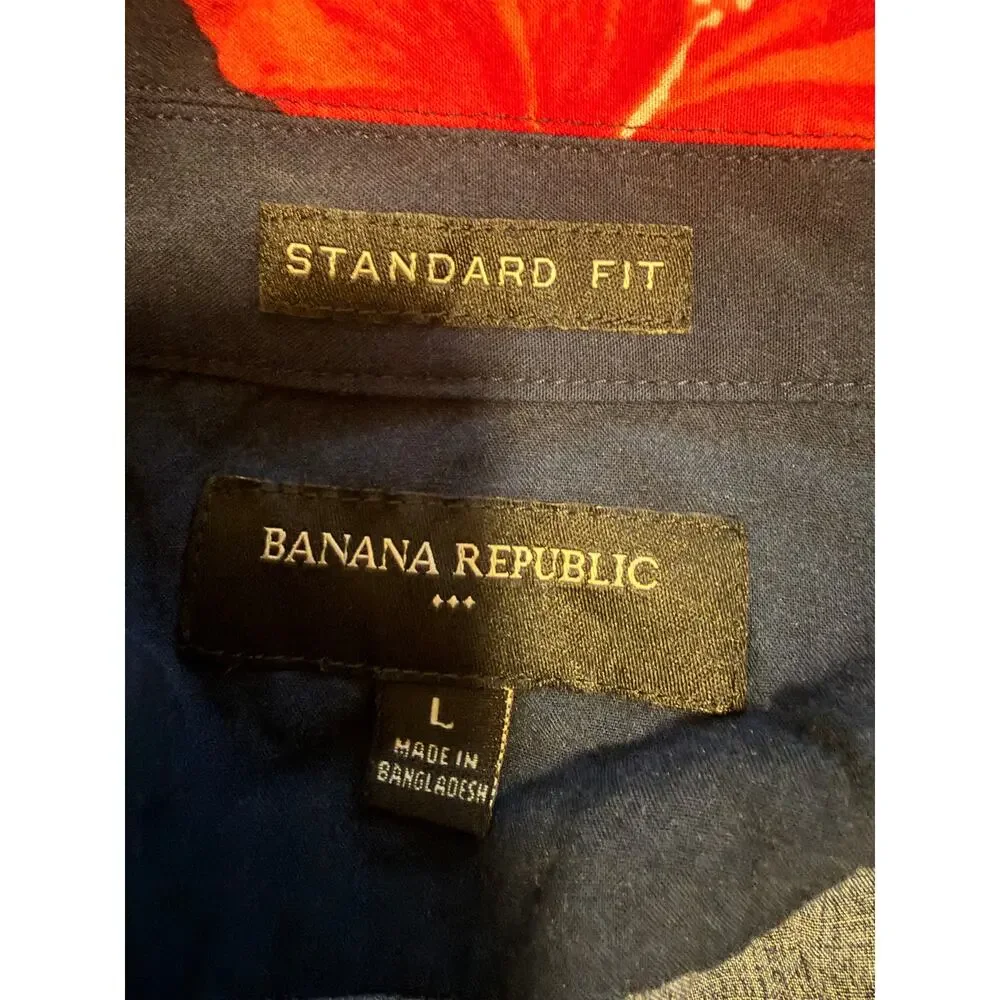 Banana Republic Navy Red Hibiscus Hawaiian Camp Shirt Men's M/L